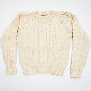 S/M NORTHERN ISLE Wool Cable-Knit Fisherman Crewneck Cream Sweater Vinta…